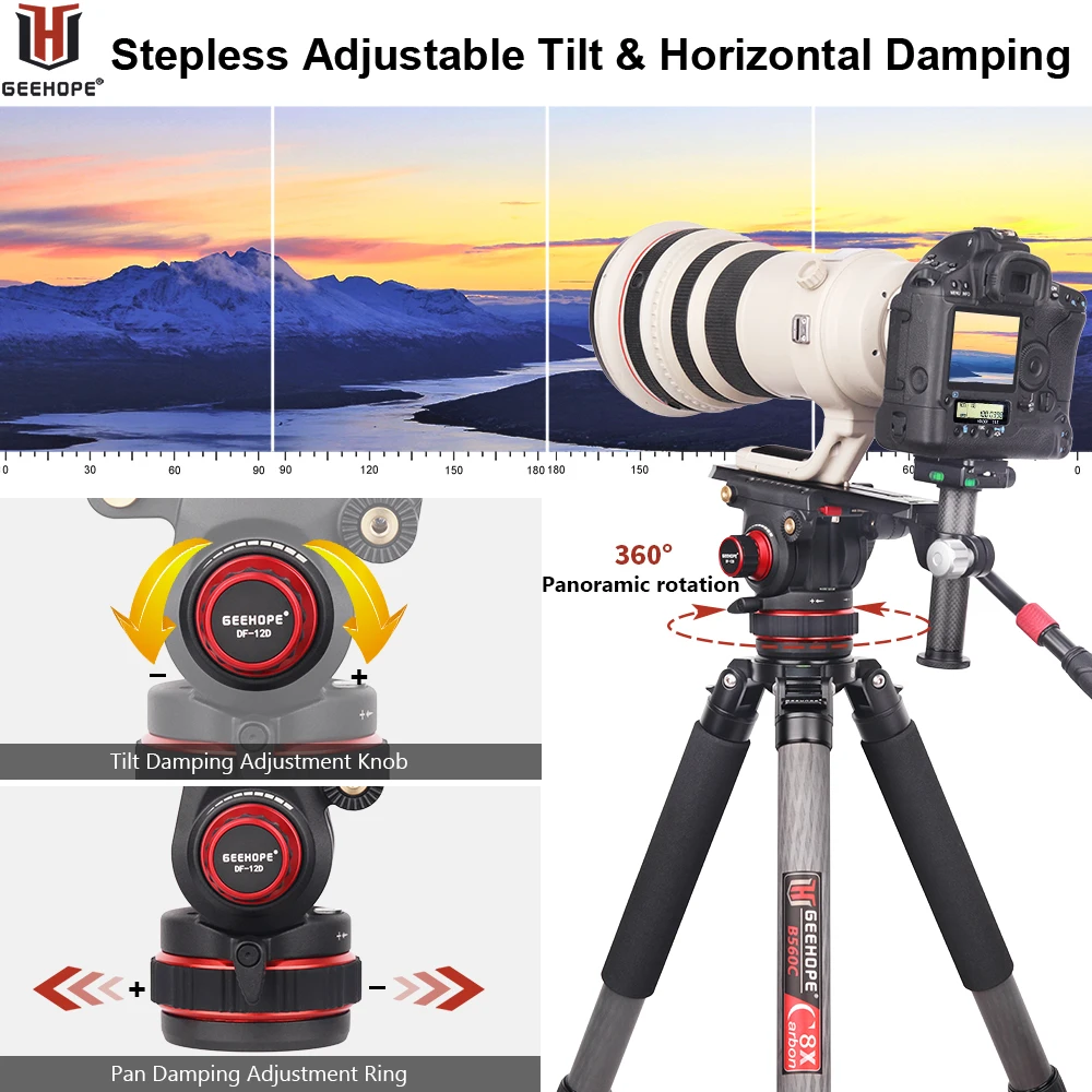 GEEHOPE-trípode para cámara de vídeo DF-12D, cabeza fluida con Base plana y mango ajustable, para trípode, monopié y DSLR, carga máxima de 12kg