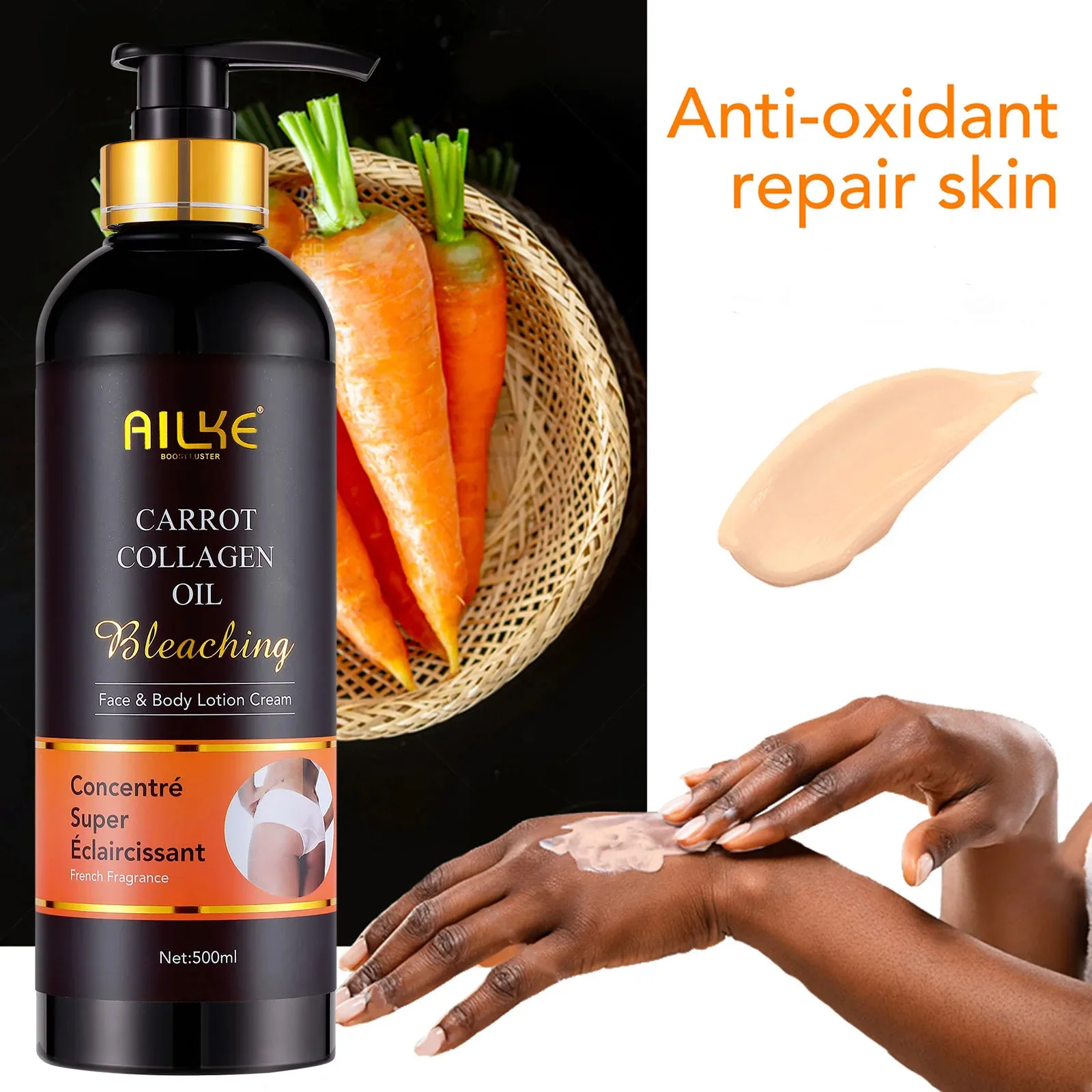 Loción corporal blanqueadora AILKE, reduce las manchas oscuras, incluso el tono de la piel, con colágeno y aceite natural de zanahoria, crema hidratante para la piel, 500 ml