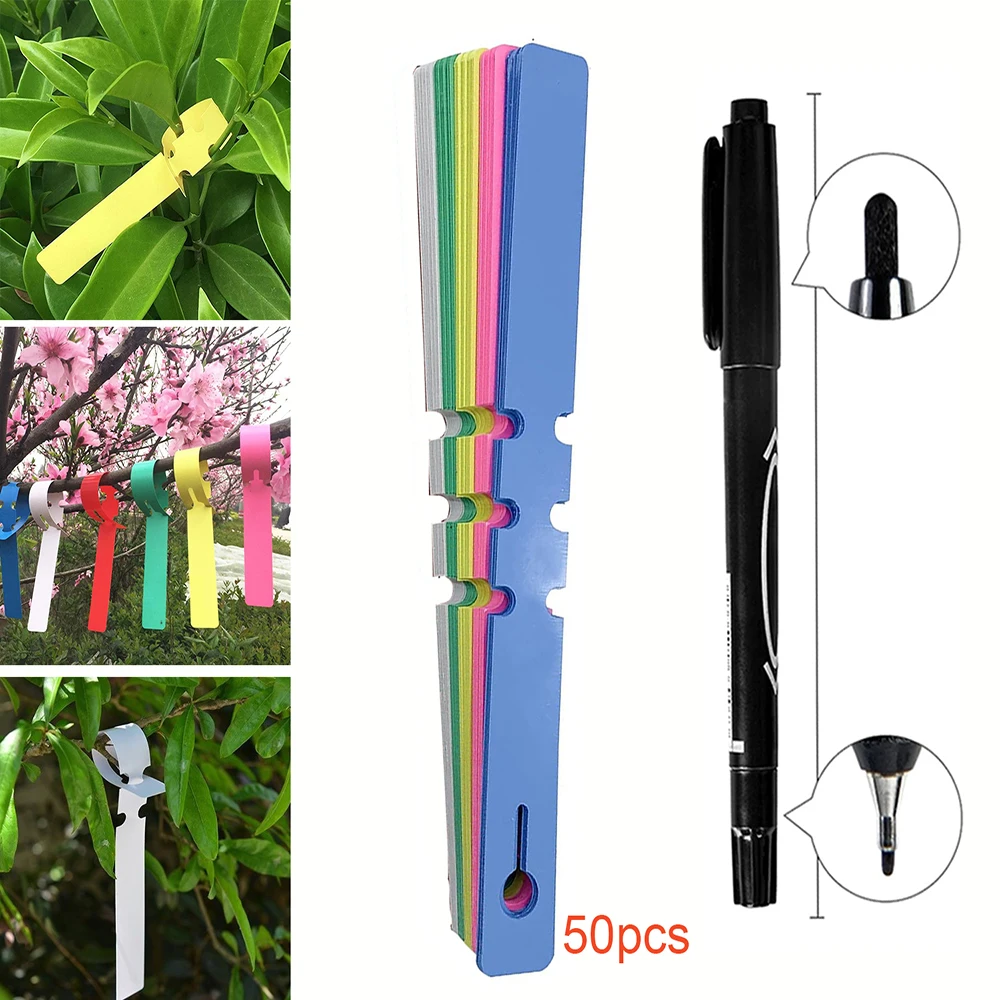 50 Uds. Etiquetas colgantes de árbol con bolígrafo PVC impermeable ajustable envoltura alrededor de etiquetas de plantas etiquetas de jardín para guardería para marcadores de plantas