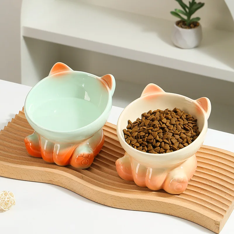Cuenco de cerámica degradado para gato, cuenco alto con boca inclinada, suministros para mascotas