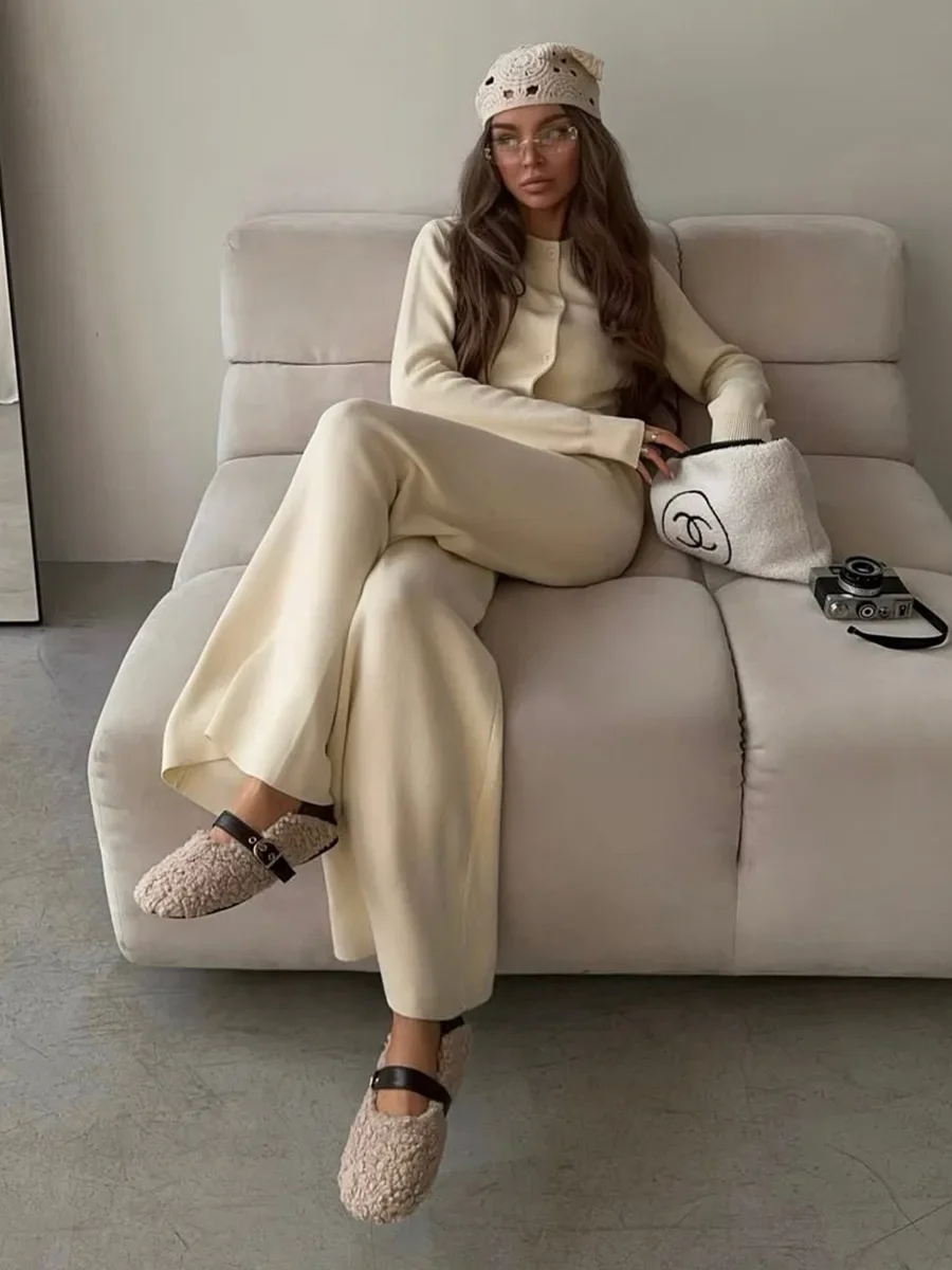 Wolfeel, nuevo cárdigan de punto para otoño e invierno para mujer, conjunto de pantalones ajustados de manga larga, pantalones largos, traje de suéter Simple de Color sólido