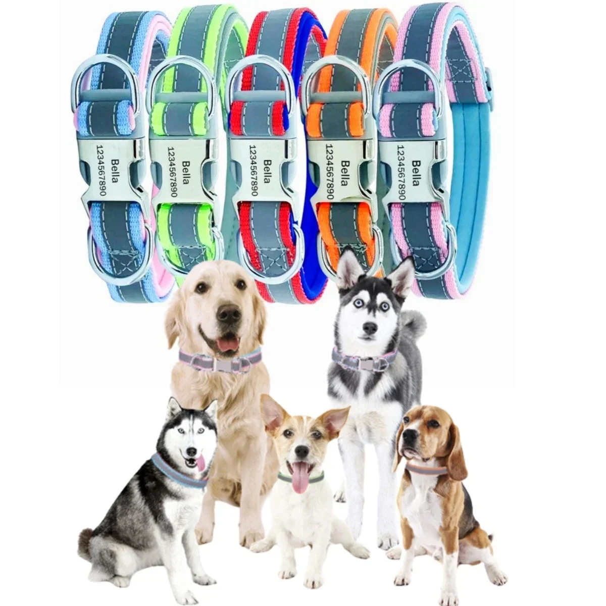 Collar de perro personalizado reflectante ajustable, collares de identificación personalizados con grabado gratis, Collar de cachorro duradero para perros pequeños, medianos y grandes