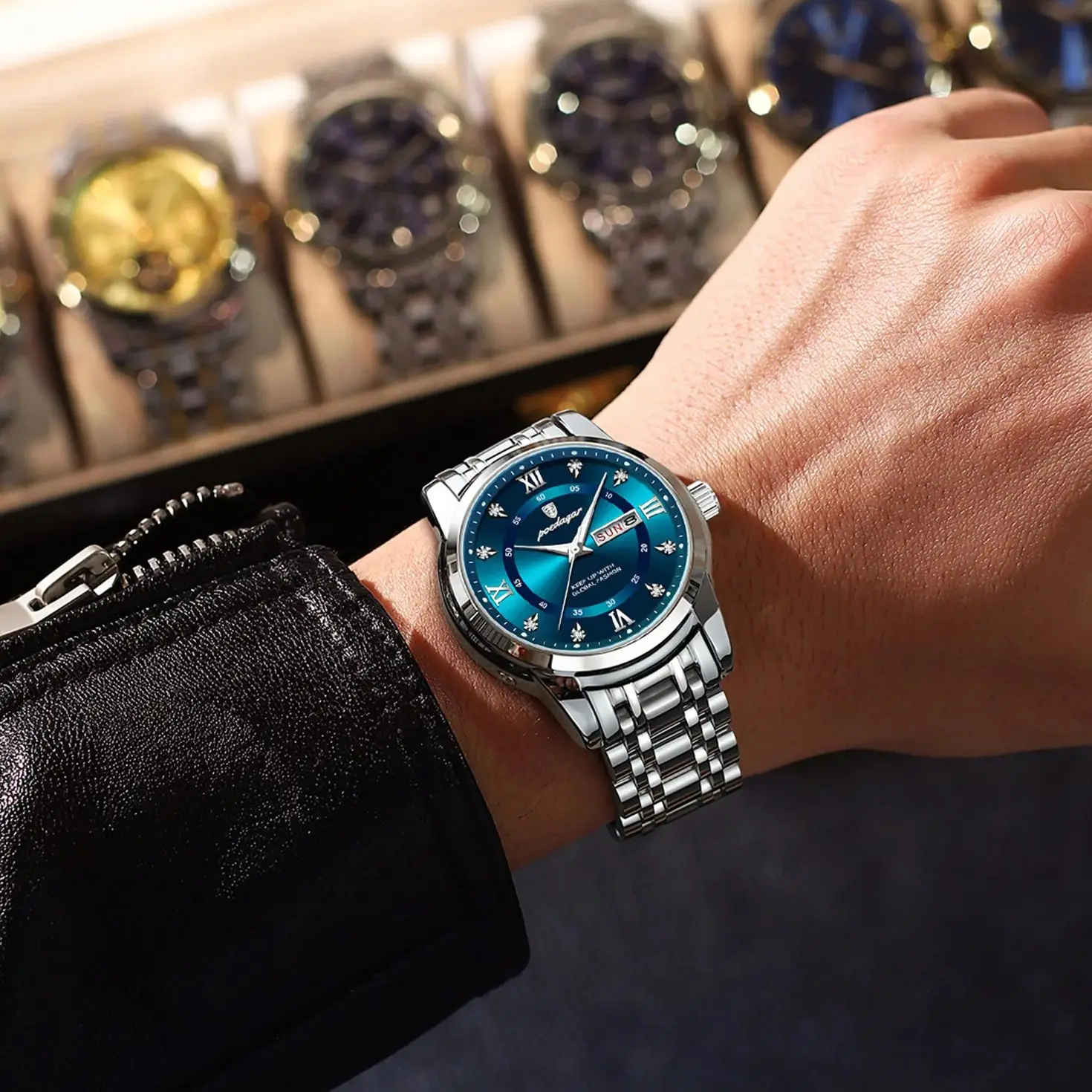 Reloj de pulsera POEDAGAR de lujo a la moda para hombre, Reloj luminoso de acero inoxidable resistente al agua para hombre, relojes de cuarzo a la moda con fecha y semana para hombre