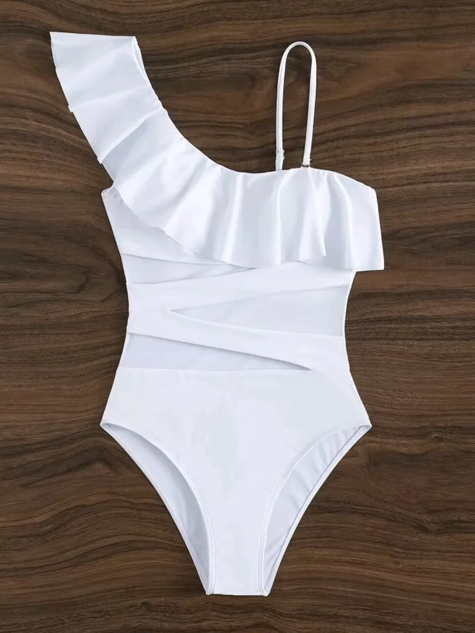 Traje de Baño de Una Pieza con Volantes y Malla en Contraste para Mujer 2026 - Bodysuit Deportivo para Natación y Playa
