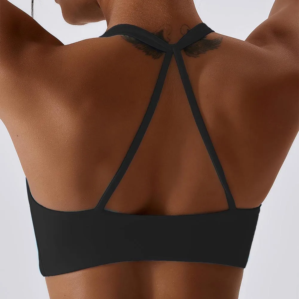 Anfilia-sujetadores deportivos para mujer, Tops lisos con cuello Halter, alta elasticidad, con relleno extraíble, para gimnasio, entrecruzado, con tiras en la espalda, para Yoga y correr