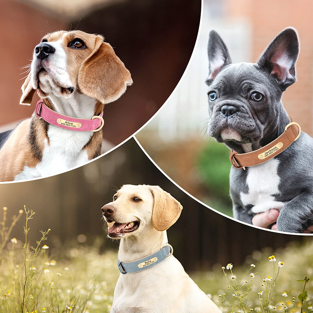Collar de perro personalizado, collares de cuero PU grabados personalizados para perros, placa de identificación con grabado gratis para perros pequeños, medianos y grandes