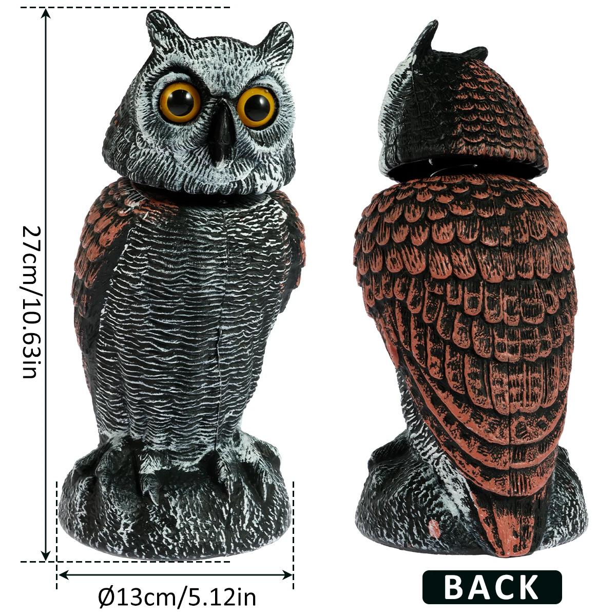 Dispositivos de control de aves Owl Spare con 360 °   Cabeza giratoria impermeable búho falso espantapájaros señuelo simulación realista búho pájaro disuasivo