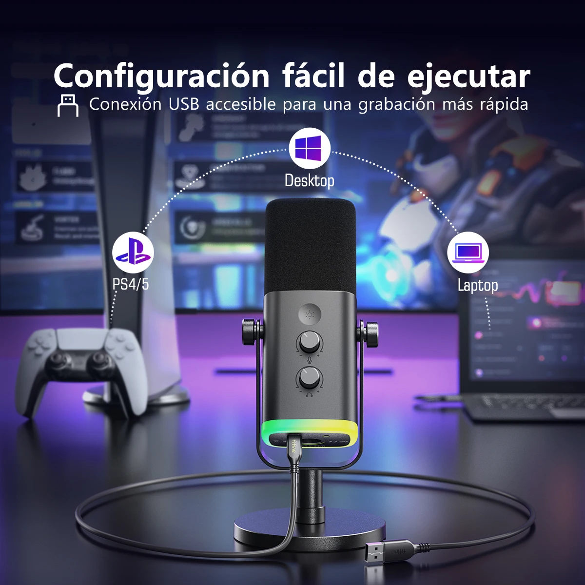 FIFINE-micrófono dinámico USB/XLR con botón de silencio táctil, Conector de auriculares, controles de E/S, para PC, mezclador de PS5/4, amplificador de micrófono para juegos AM8