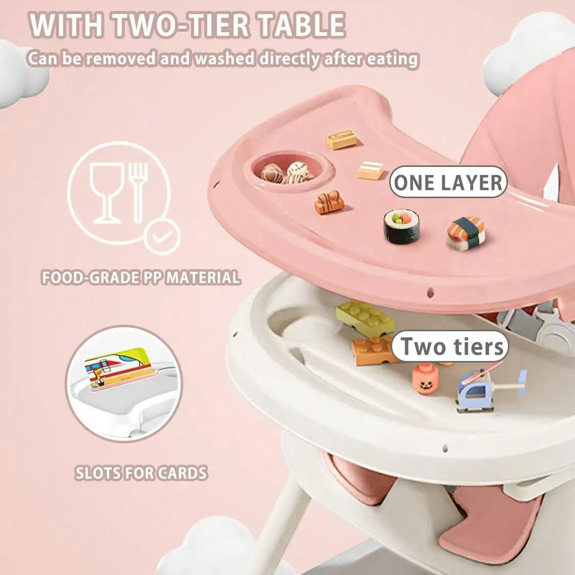 Trona para bebé 3 en 1, trona plegable y ajustable para bebés con bandeja extraíble, cinturón de seguridad, reposapiés y ruedas