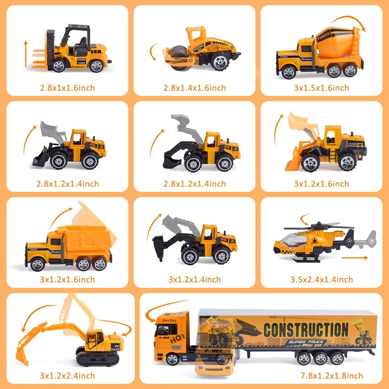 Juguetes de construcción 10 en 1, almacenamiento de camiones, vehículo fundido a presión, transportador, juego de coches, excavadora, camión volquete, retroexcavadora, regalo para niños