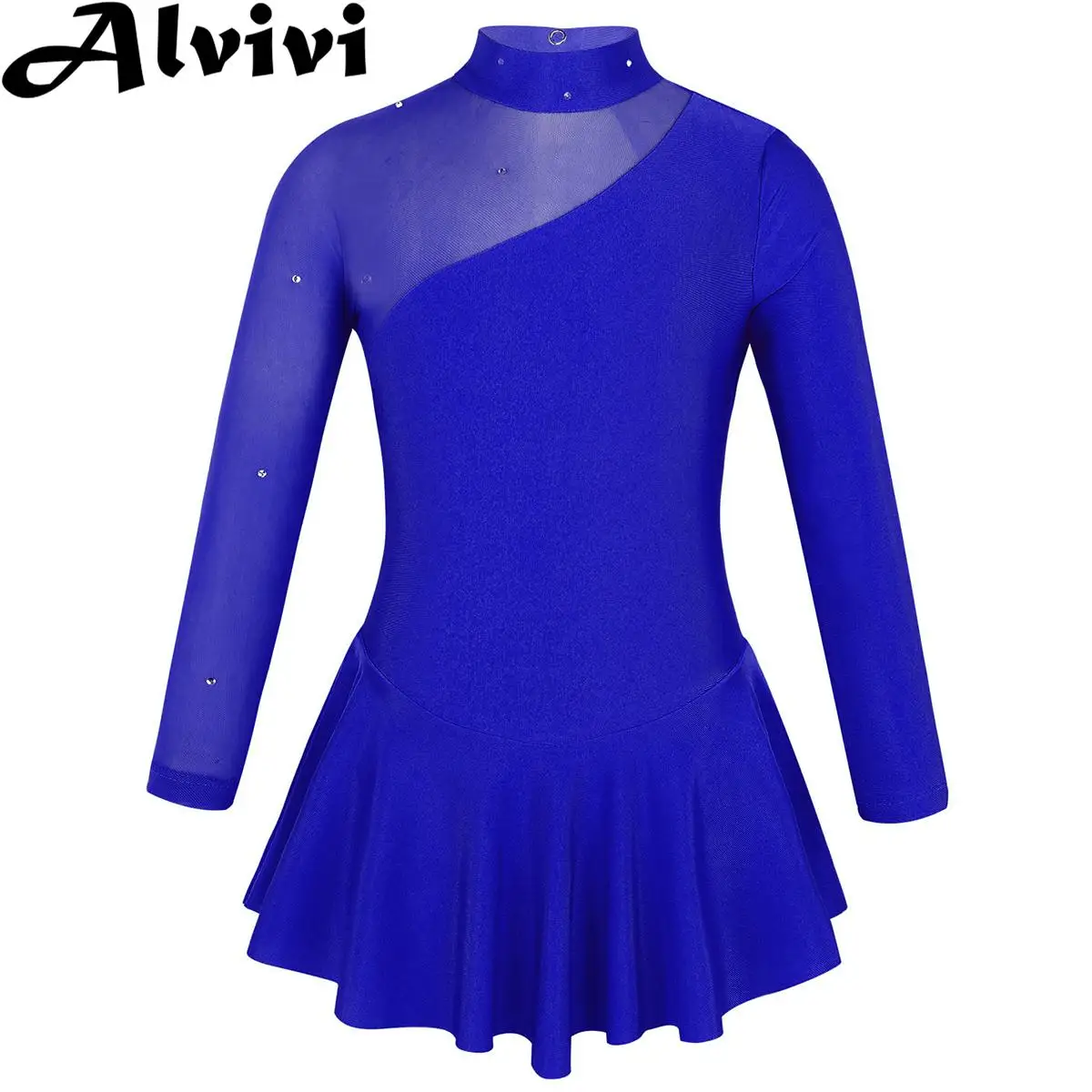 Vestido de patinaje sobre hielo de manga larga para niñas, malla transparente con diamantes de imitación, leotardo de baile de Ballet, vestidos de patinaje sobre ruedas huecos de tul