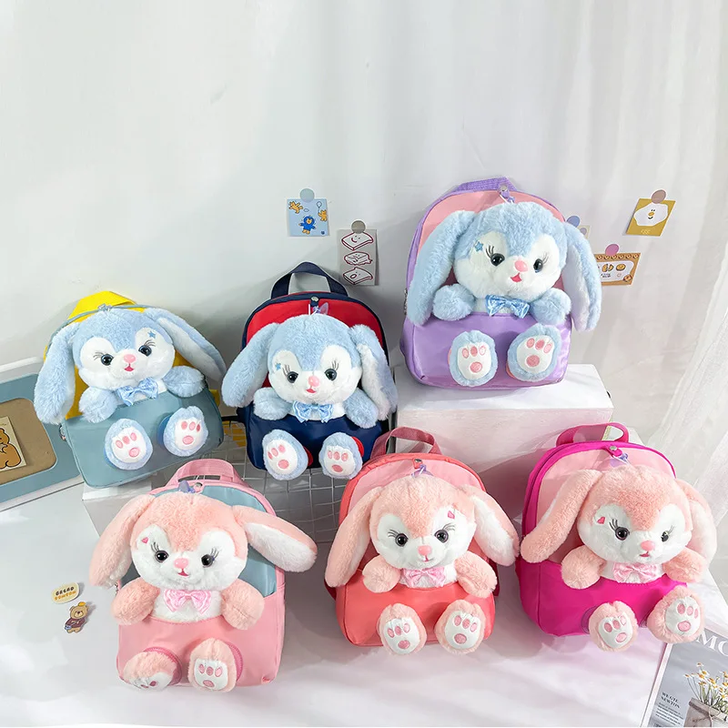 Mochila de conejo 3D de felpa para niños, niñas, niños, mochila escolar con bonito pajarita, mochilas escolares de dibujos animados, bolsa de bebé preescolar para guardería