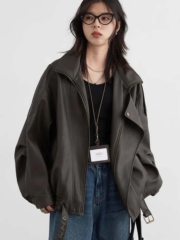 Chaqueta de PU para Mujer CHIC VEN, Estilo Retro, Cuello Alto, Suelta, Nueva, Chaqueta de Cuero Sintético para Motocicleta, Primavera-Otoño 2026