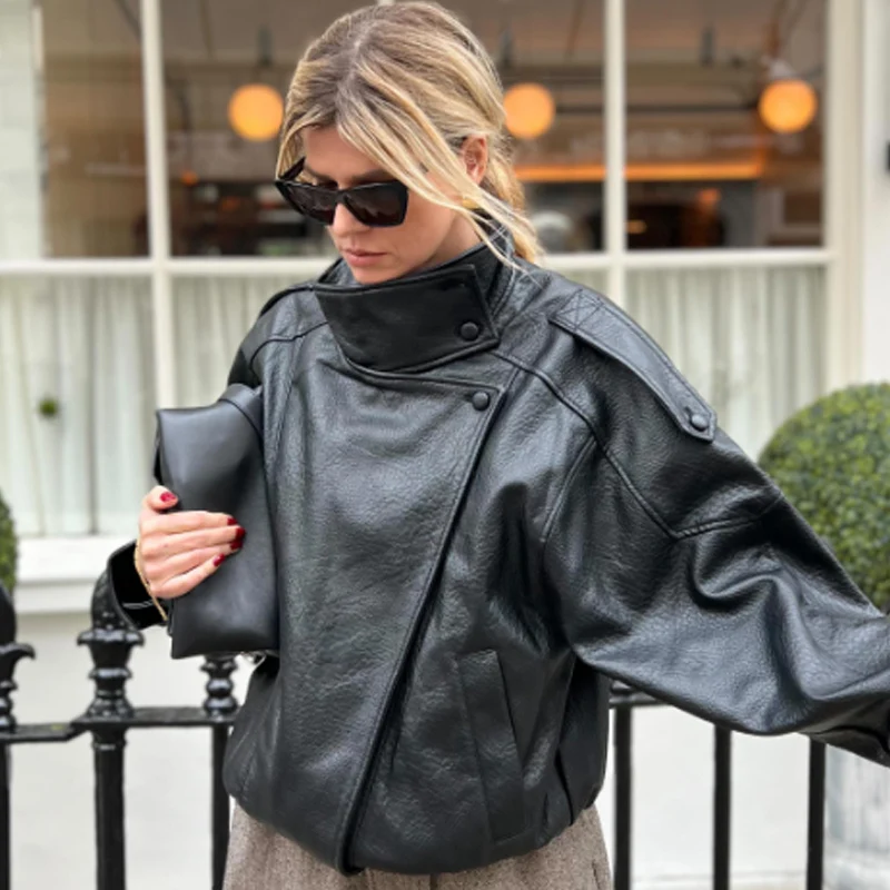 HXAO, recién llegado, chaqueta Bomber para mujer, chaquetas negras de cuero, prendas de vestir exteriores recortadas de gran tamaño, abrigos de manga larga con cremallera, chaqueta para exteriores