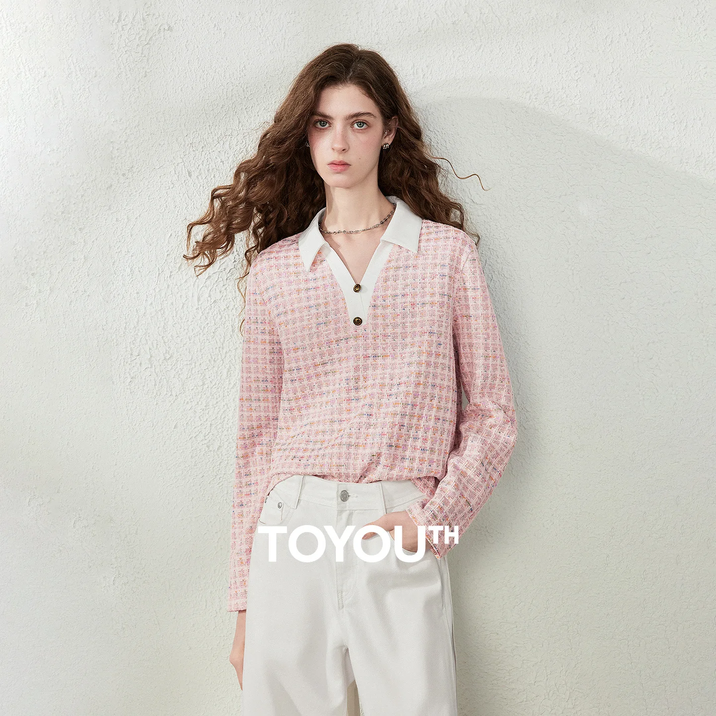 TOYOUTH Camisetas para mujer 2026 Otoño Nuevo tejido texturizado con cuello en V Tops sencillos de manga larga de color rosa claro elegantes