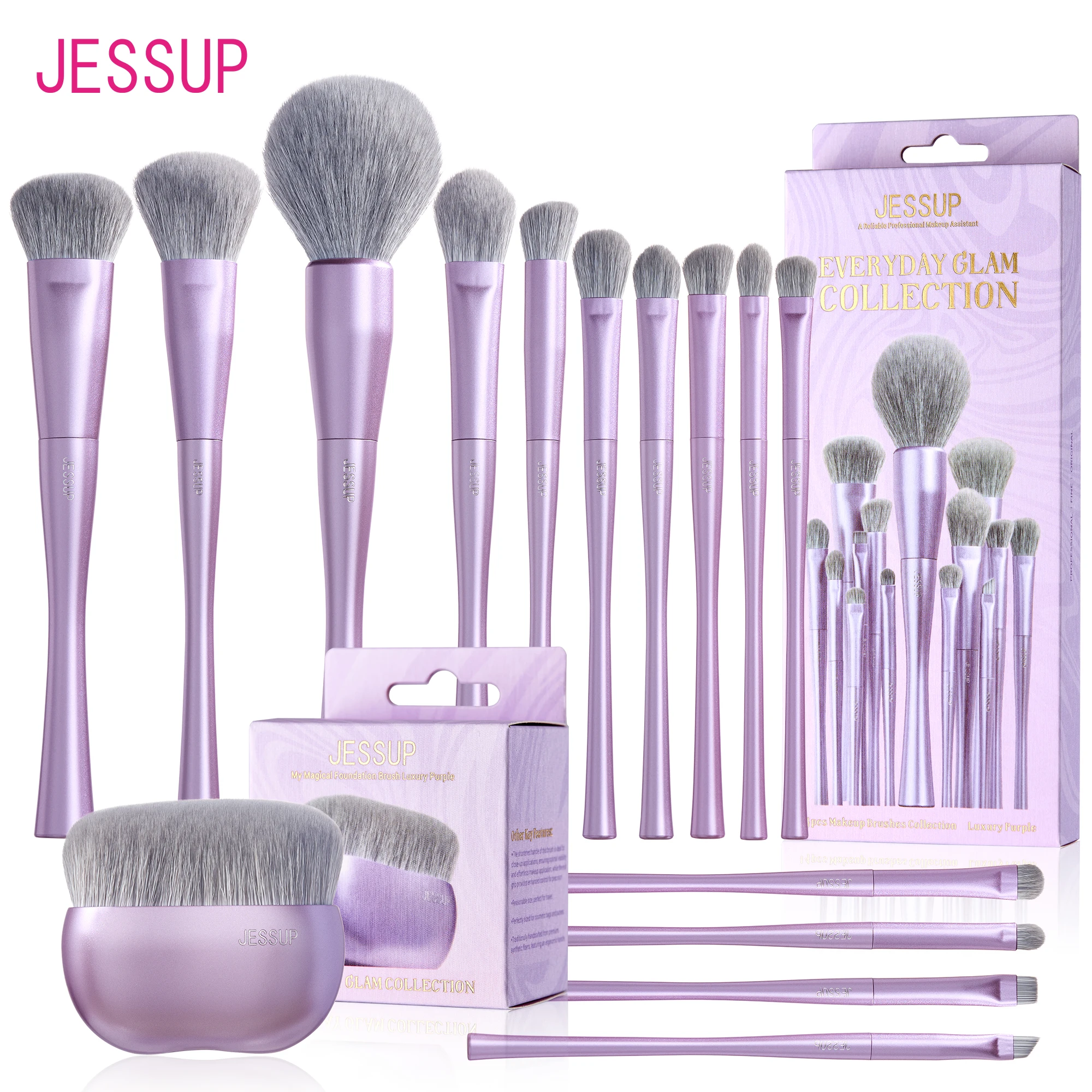 Jessup Juego de brochas de maquillaje 4/6/7/10/14/15 Uds. Brocha de maquillaje para base, corrector resaltador de mezcla de sombra de ojos facial, color morado de lujo