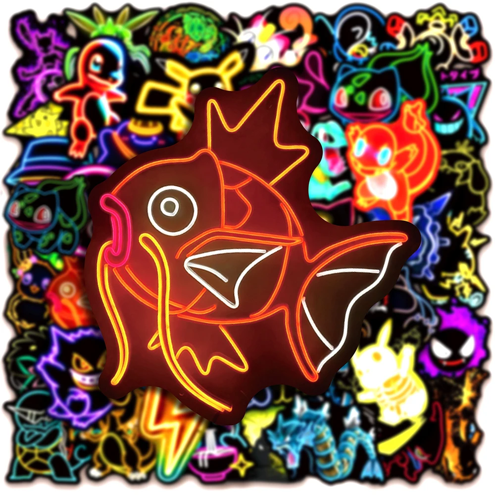 10/30/50 Uds. Cool dibujos animados luz de neón Anime Pokemon pegatinas Pikachu calcomanías de dibujos animados portátil motocicleta teléfono pegatina estética Juguetes