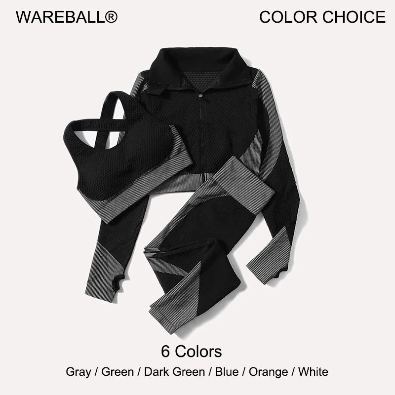 Traje de Yoga de punto sin costuras para mujer, Leggings, Top corto de manga larga con cremallera, ropa deportiva para gimnasio, 2/3 piezas