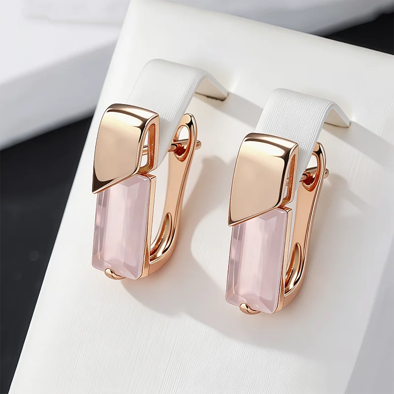 Wbmqda, pendientes cuadrados simples de 19x6mm con piedra rosa para mujer, Color oro rosa 585, regalos de joyería de circón de alta calidad para uso diario