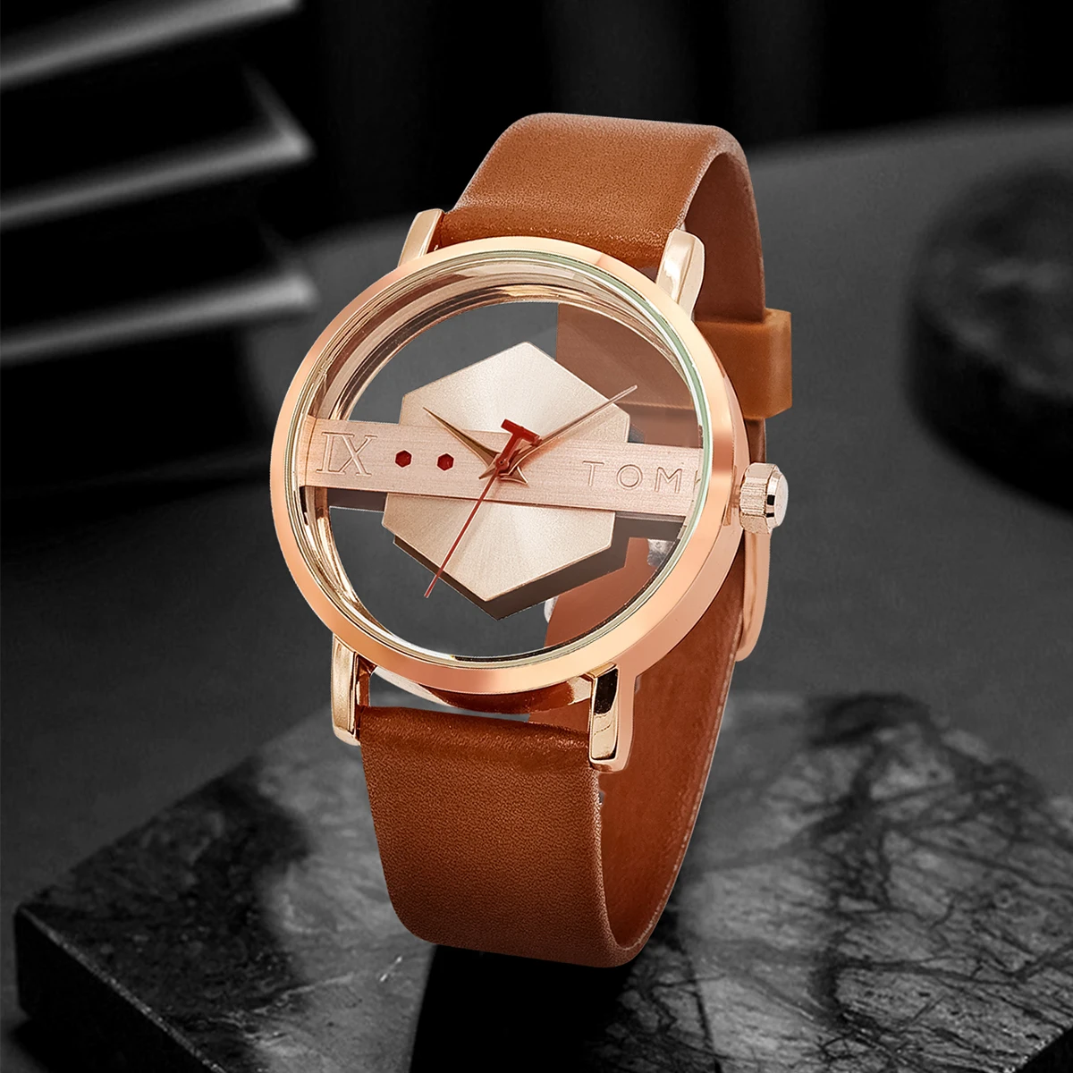 TOMI Correa de reloj de cuero para hombre, elegante y minimalista, perspectiva hueca personalizada, cubierta inferior de cristal, reloj de cuarzo