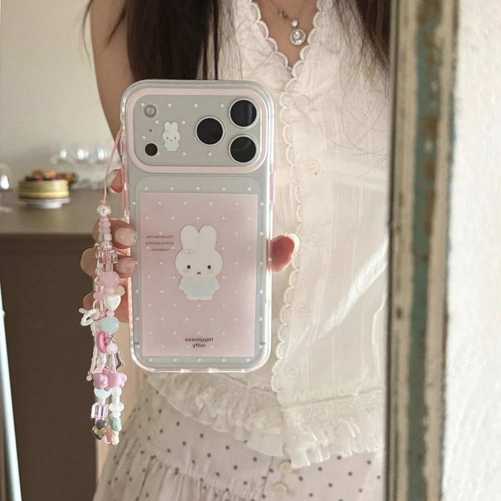 Funda de Teléfono Kawaii Coreana con Diseño de Conejita Miffy para iPhone 17 Pro, 16, 15 Pro Max, Carcasa Rígida Antigolpes con Cordón