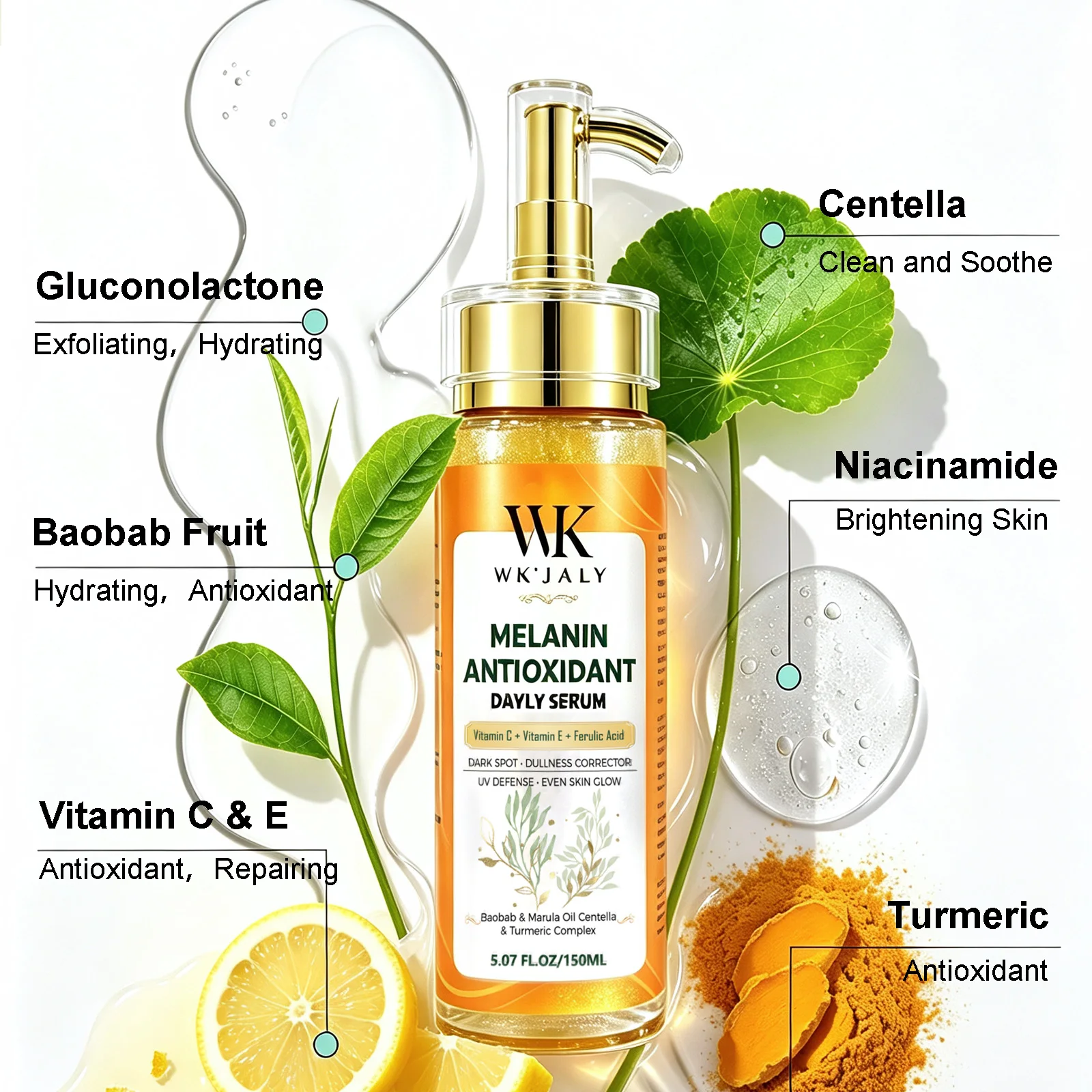Suero Diario Antioxidante con Melanina WK JALY, con Aceite de Baobab, Aceite de Marula, Corrector de Manchas Oscuras y Opacidad, Esencia para un Brillo Uniforme de la Piel