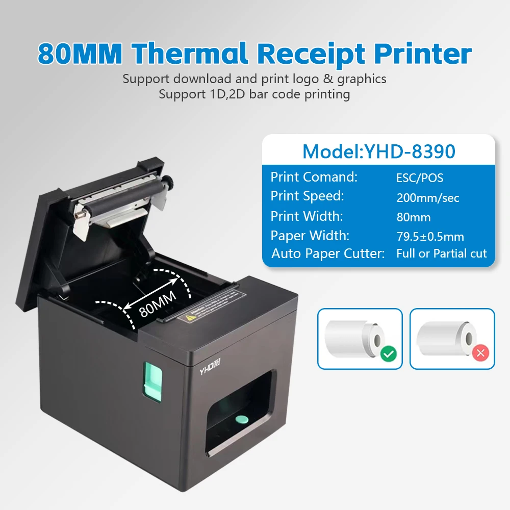 Impresora térmica YHD-8390, impresora USB/USB+LAN/USB+BT/USB+BT+LAN+WIFI/USB+WIFI ESC/POS de 80mm, Compatible con Windows/Linux/MAC OS