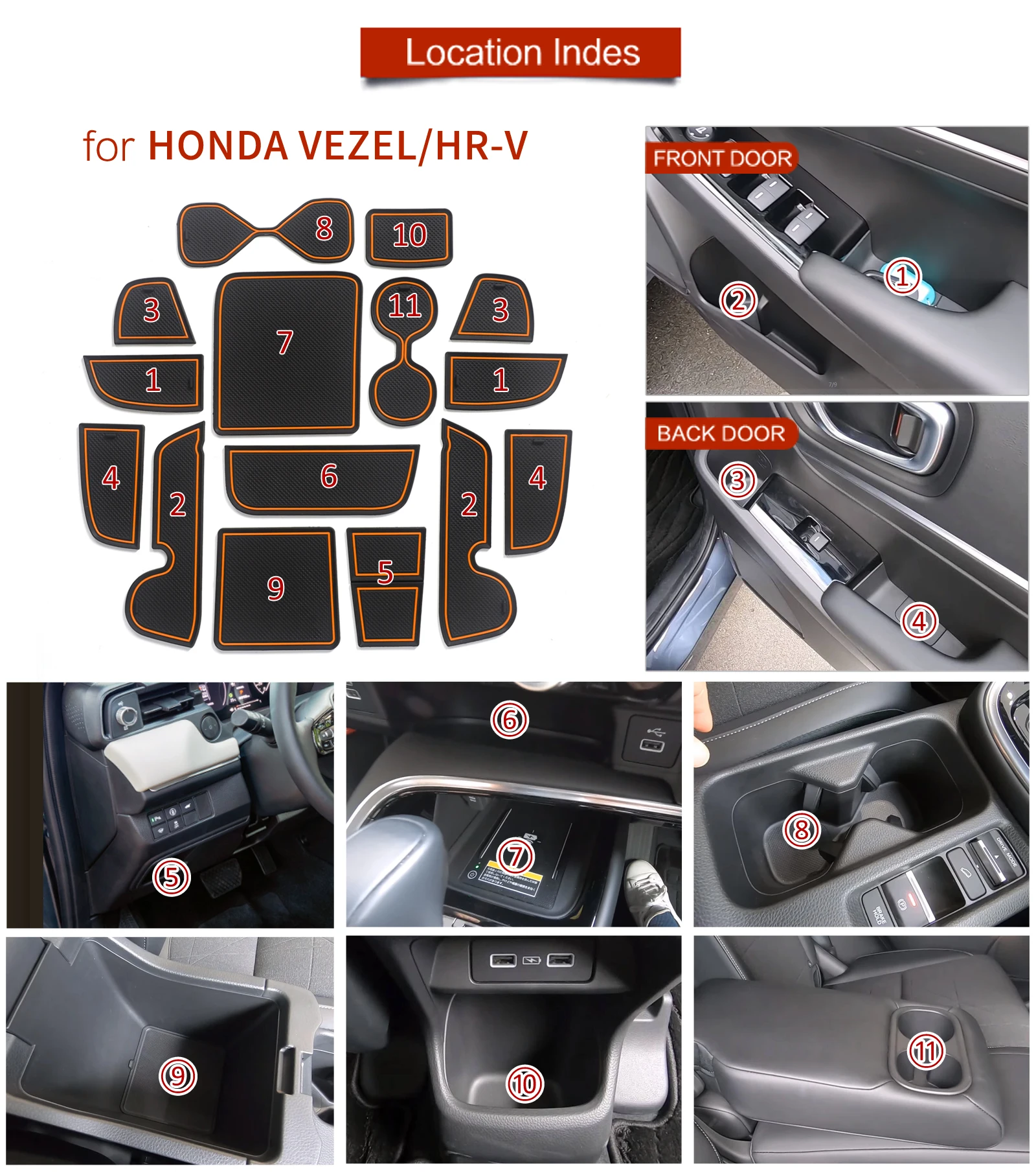 Smabee para Honda Vezel HR-V 2021-2024 HRV (No Compatible con 2025) Alfombrilla Antideslizante para Ranuras de Puerta y Portavasos, Protector Antideslizante para Puerta, Accesorios para Coche
