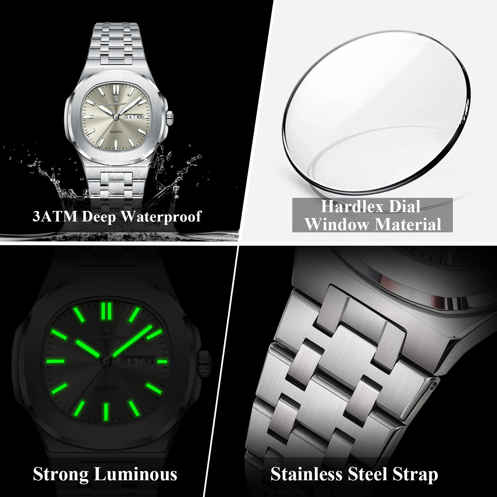 Reloj POEDAGAR cuadrado para mujer con fecha y semana, Reloj luminoso resistente al agua para mujer, relojes de cuarzo de acero inoxidable a la moda para mujer, Reloj de regalo