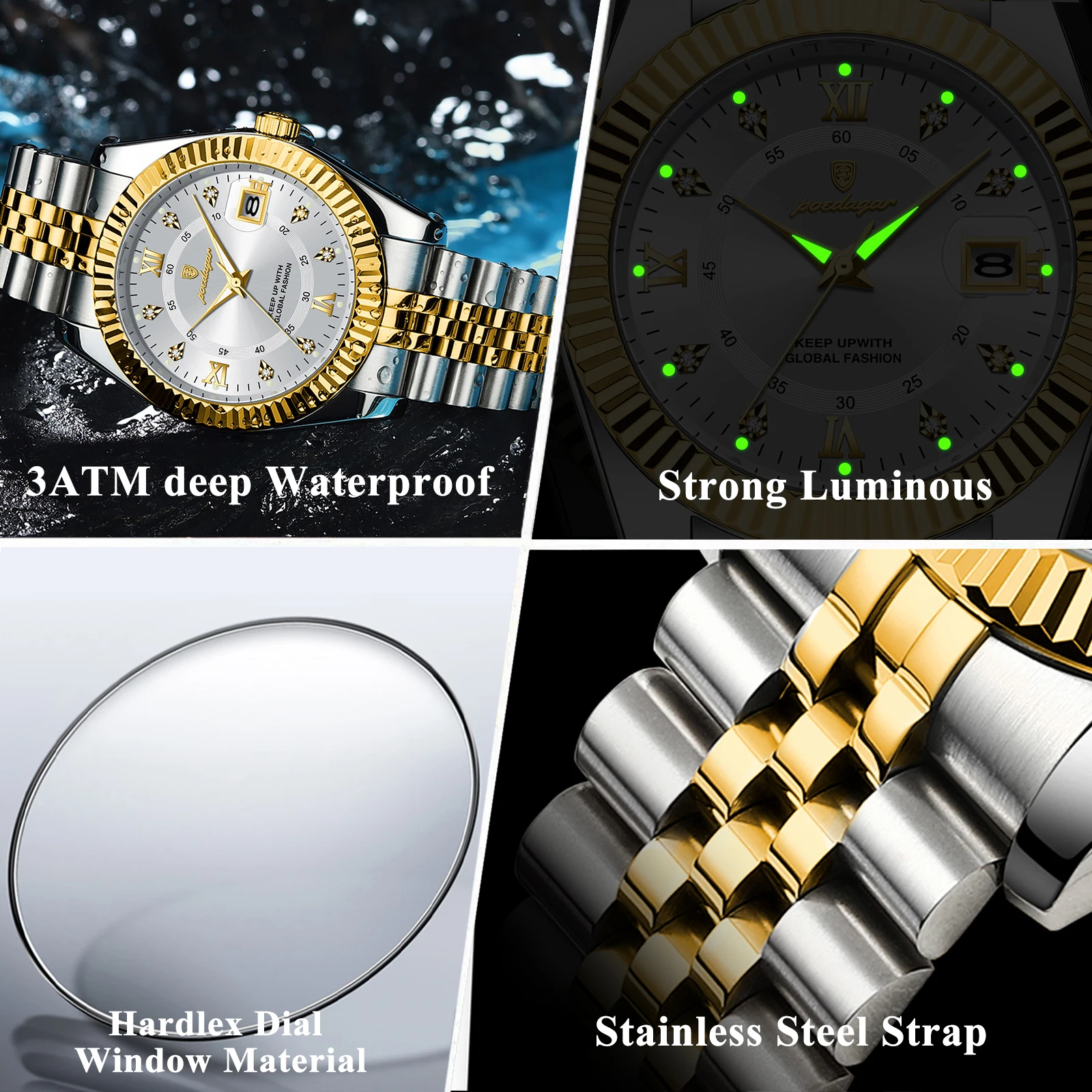 POEDAGAR, reloj de pulsera de lujo para hombres de negocios, resistente al agua, fecha luminosa, reloj militar para hombre, relojes de cuarzo de moda de acero inoxidable para hombres