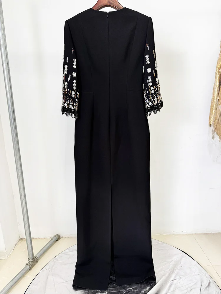Vestido Largo Maxi de Diseñador de Alta Costura, Nueva Moda 2026, Primavera/Verano, con Media Manga y Cuentas Impresionantes para Mujer