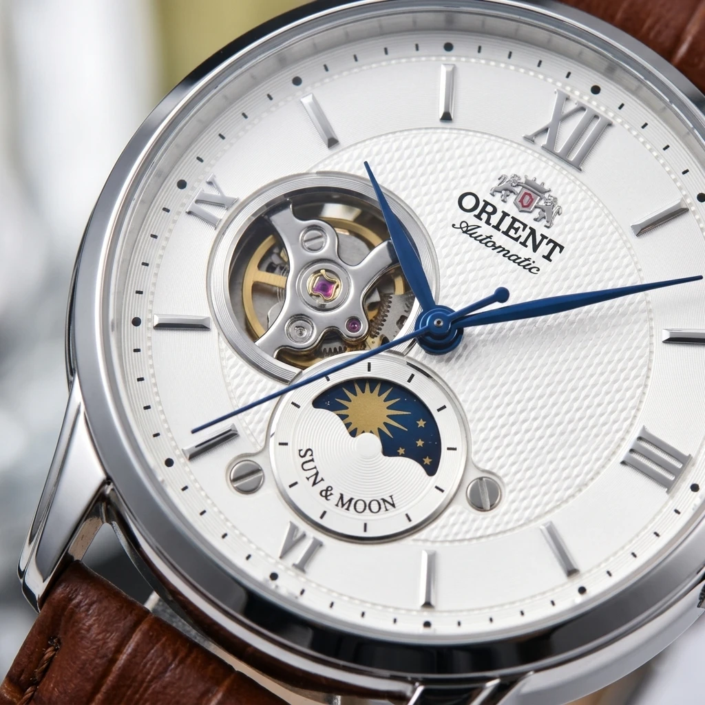Reloj Mecánico Automático Orient para Hombre, Fase Solar y Lunar, Esfera Esqueletizada, Correa de Cuero con Textura de Cocodrilo, Reloj de Pulsera para Caballero de Negocios