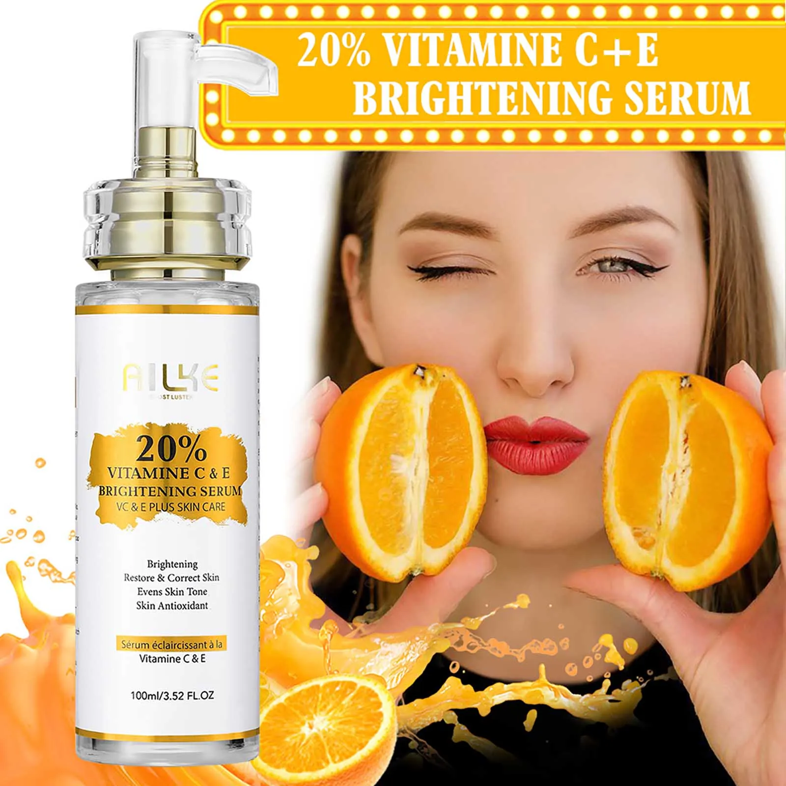 Suero Concentrado Iluminador con Vitaminas C y E de AILKE, Blanqueador, Hidratante, Limpia la Piel, Reduce las Manchas Oscuras, 100 ml/3.52 oz