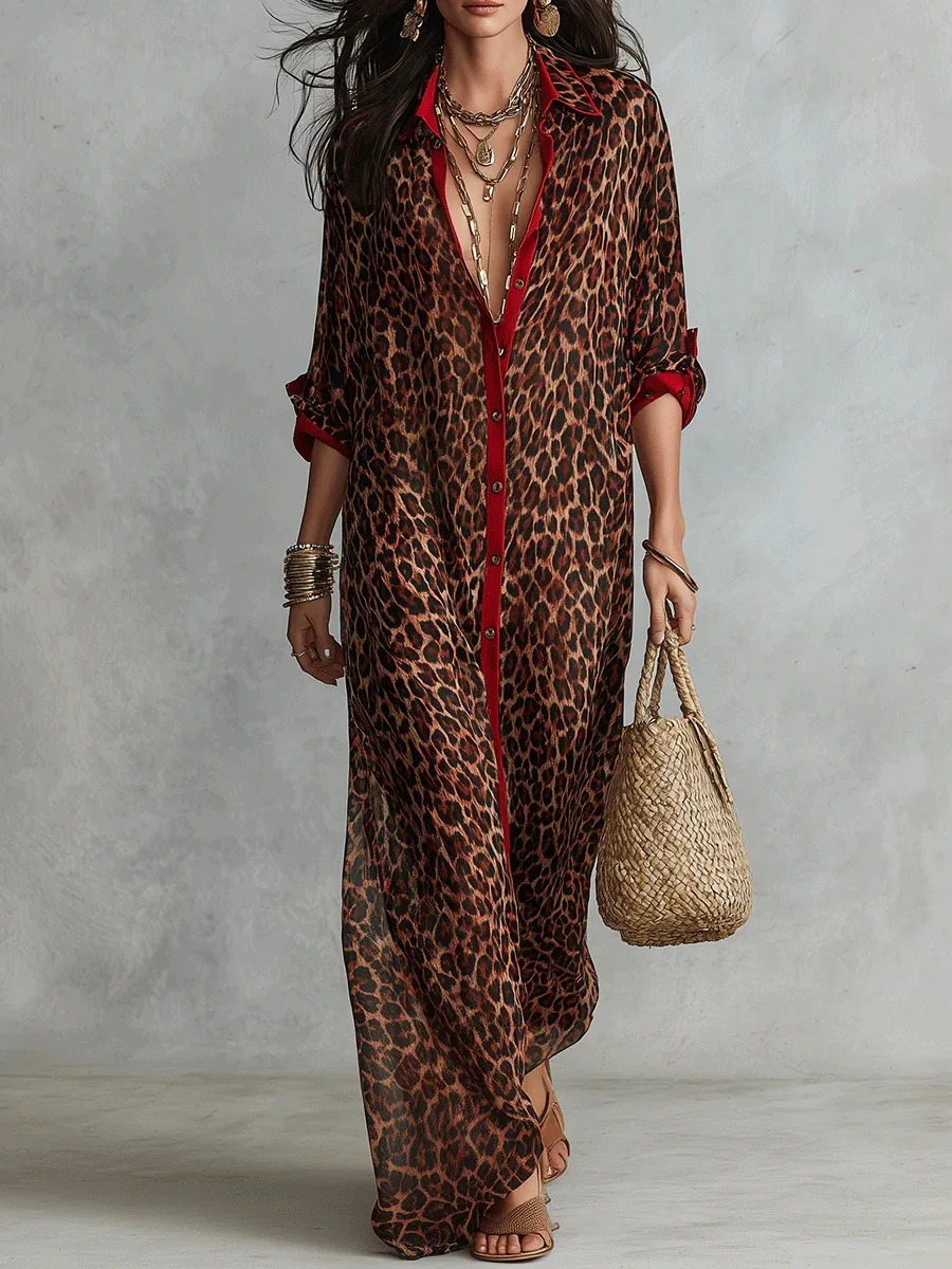 Vestido Camisero con Estampado de Leopardo para Mujer, con Ribete Rojo, Cuello Solapa, Botones Laterales, Abertura Lateral, Estilo Kaftán, Holgado, para Playa, Vacaciones, Casual, Largo