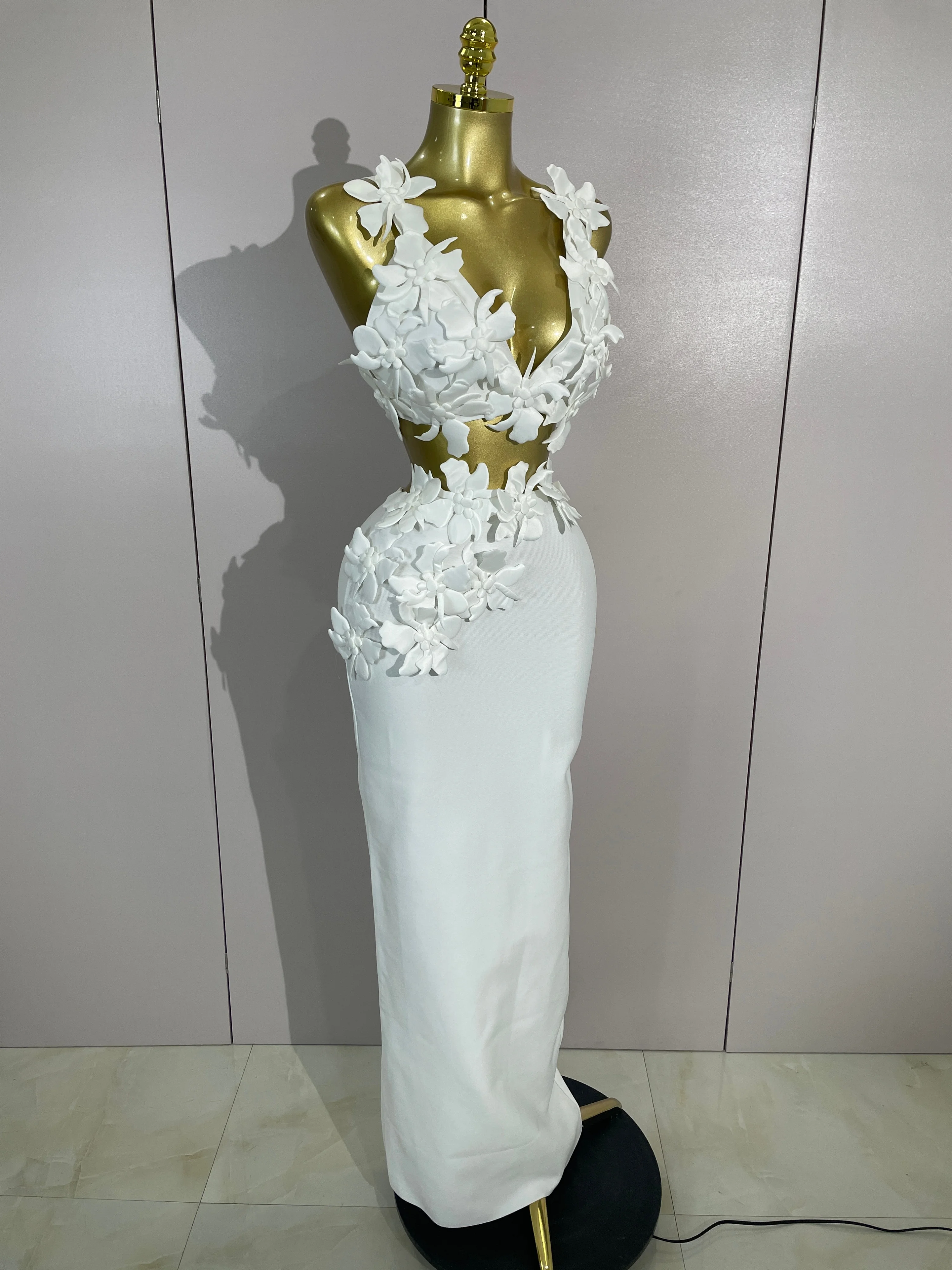 Vestido Largo Ajustado con Cuello en V y Flores Blancas para Mujer, Conjunto de Dos Piezas, Vestido de Fiesta, Graduación, Club Nocturno, Celebración de Cumpleaños
