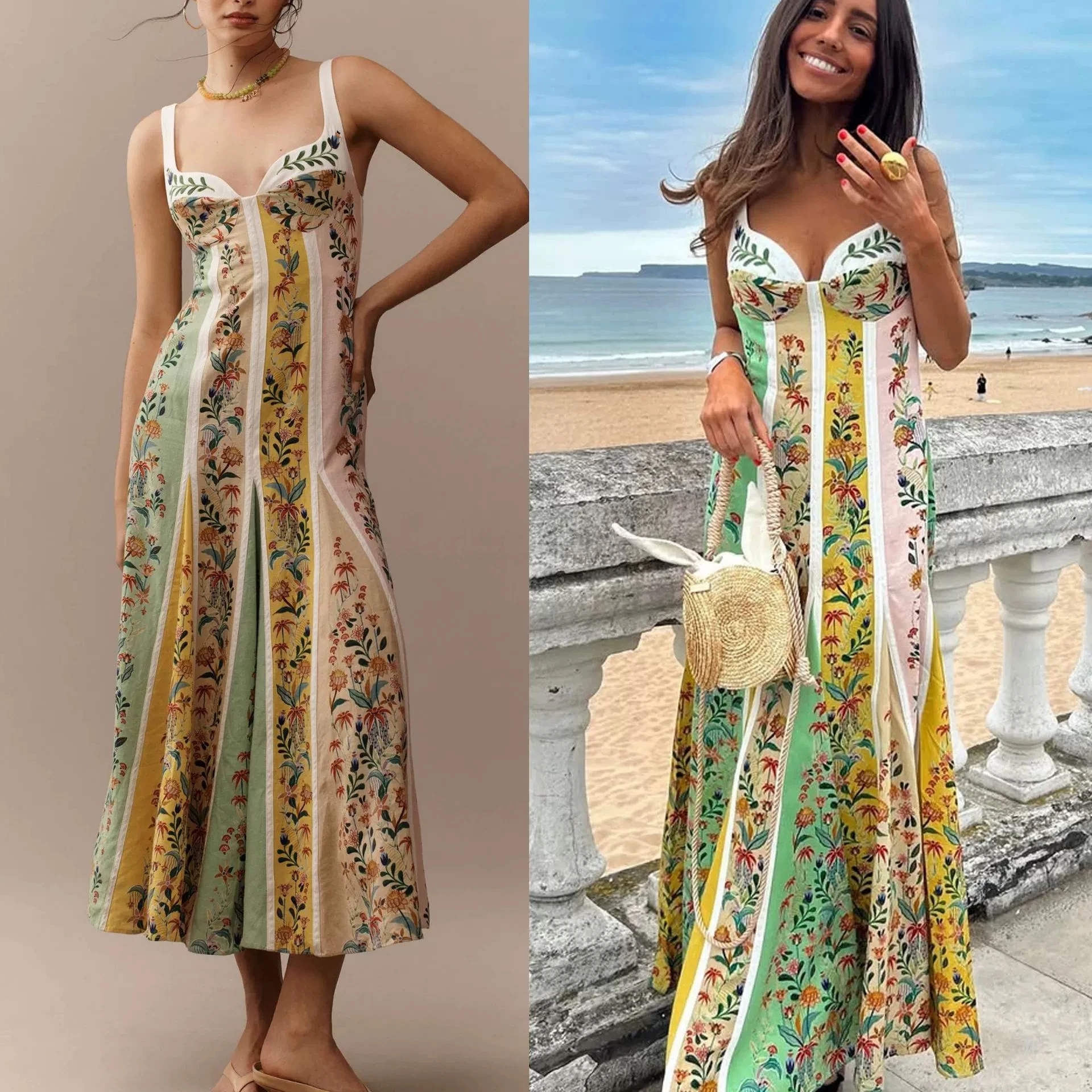 Moda elegante mujer Vestidos de fiesta sin mangas Casual cuello en V profundo Maxi vestido de verano sin espalda vestido estampado de cintura alta Vestidos