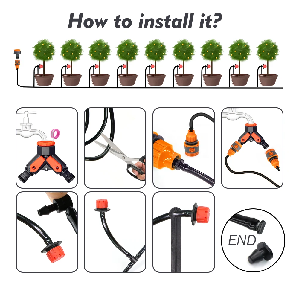 Kit de riego por goteo con temporizador y Sensor de lluvia inteligente para jardín de 5-50M para plantas al aire libre, sistema de riego automático con gotero ajustable de 1/4"
