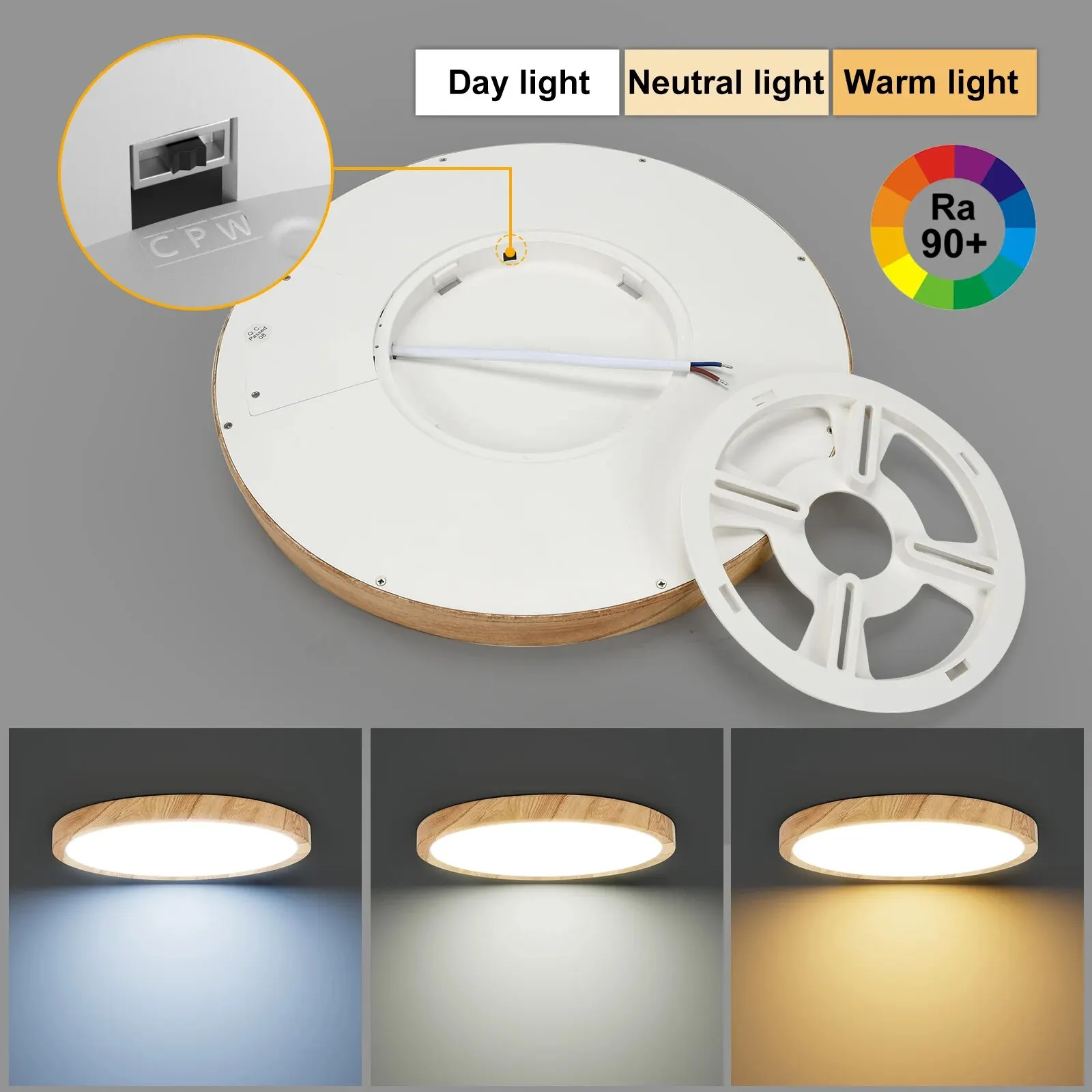 LVL-Luz de techo LED 3 en 1, grano de madera y blanco, colores de iluminación, iluminación para el hogar, cocina, dormitorio, baño, lámpara de techo empotrada redonda