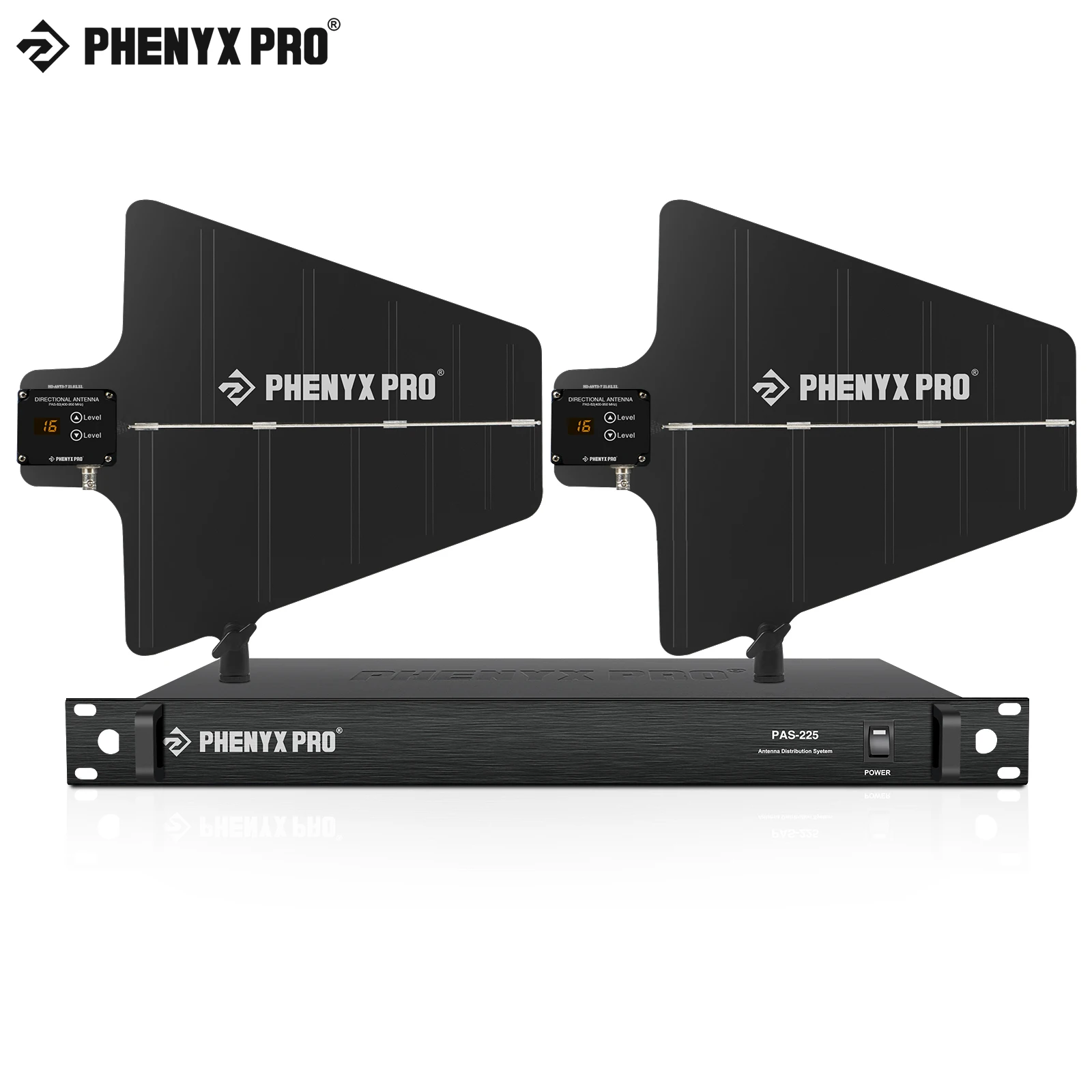 Paquete de sistema de distribución de antena inalámbrica Phenyx Pro UHF, antenas direccionales activas, 8 salidas + 2 puertos en cascada PAS-225X