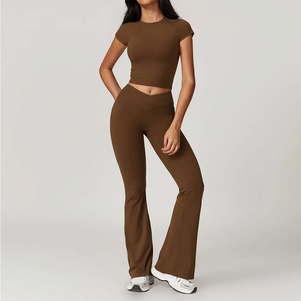Conjunto de 2 piezas de Yoga, ropa de gimnasio, ropa deportiva, trajes de Yoga para mujer, Top corto de manga corta, chándales, Sujetador deportivo, mallas de gimnasio