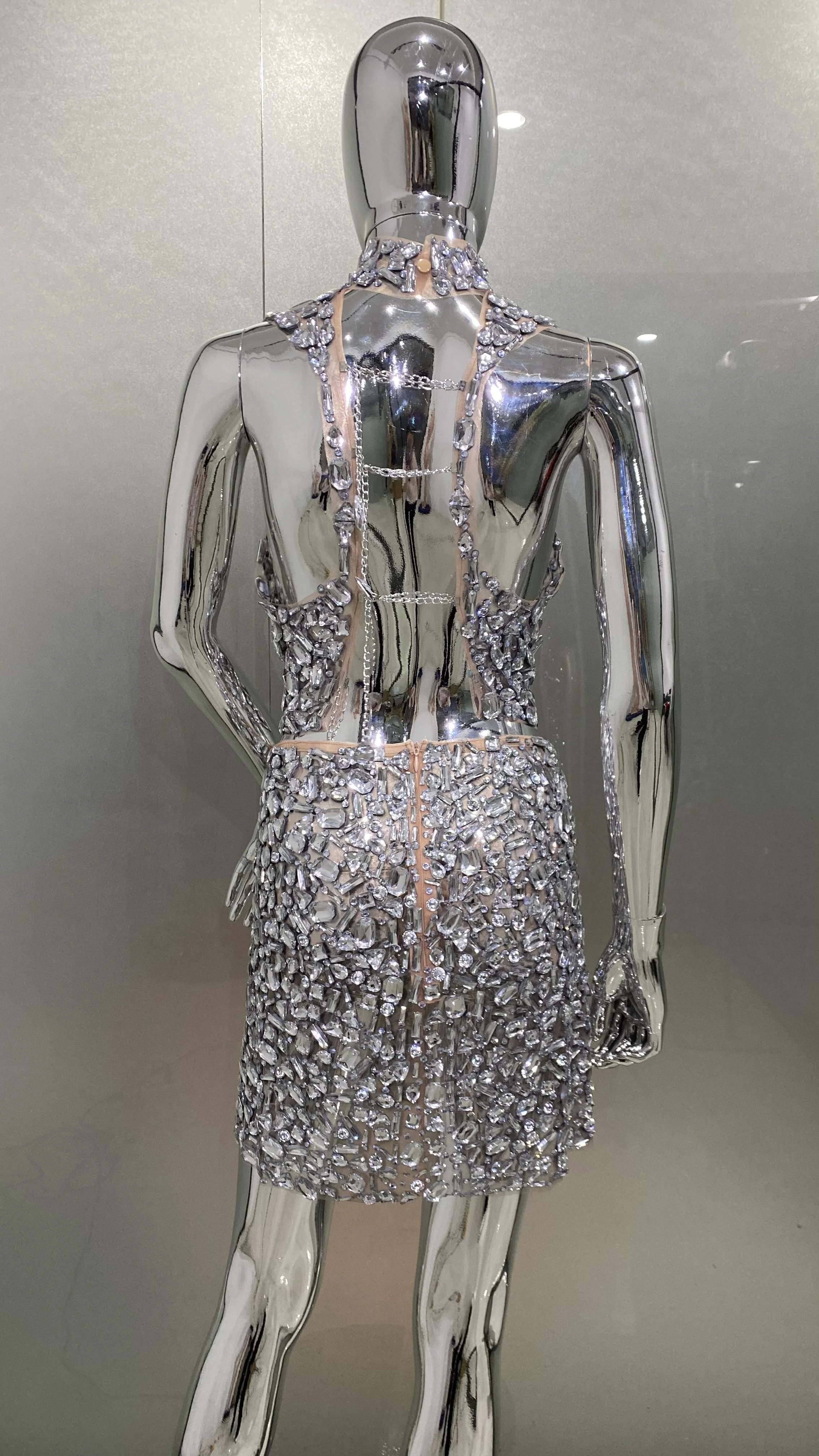 Diamantes brillantes de alta calidad, camiseta sin mangas transparente y falda sin espalda, conjunto de 2 piezas para mujer, Vestido de fiesta de cumpleaños