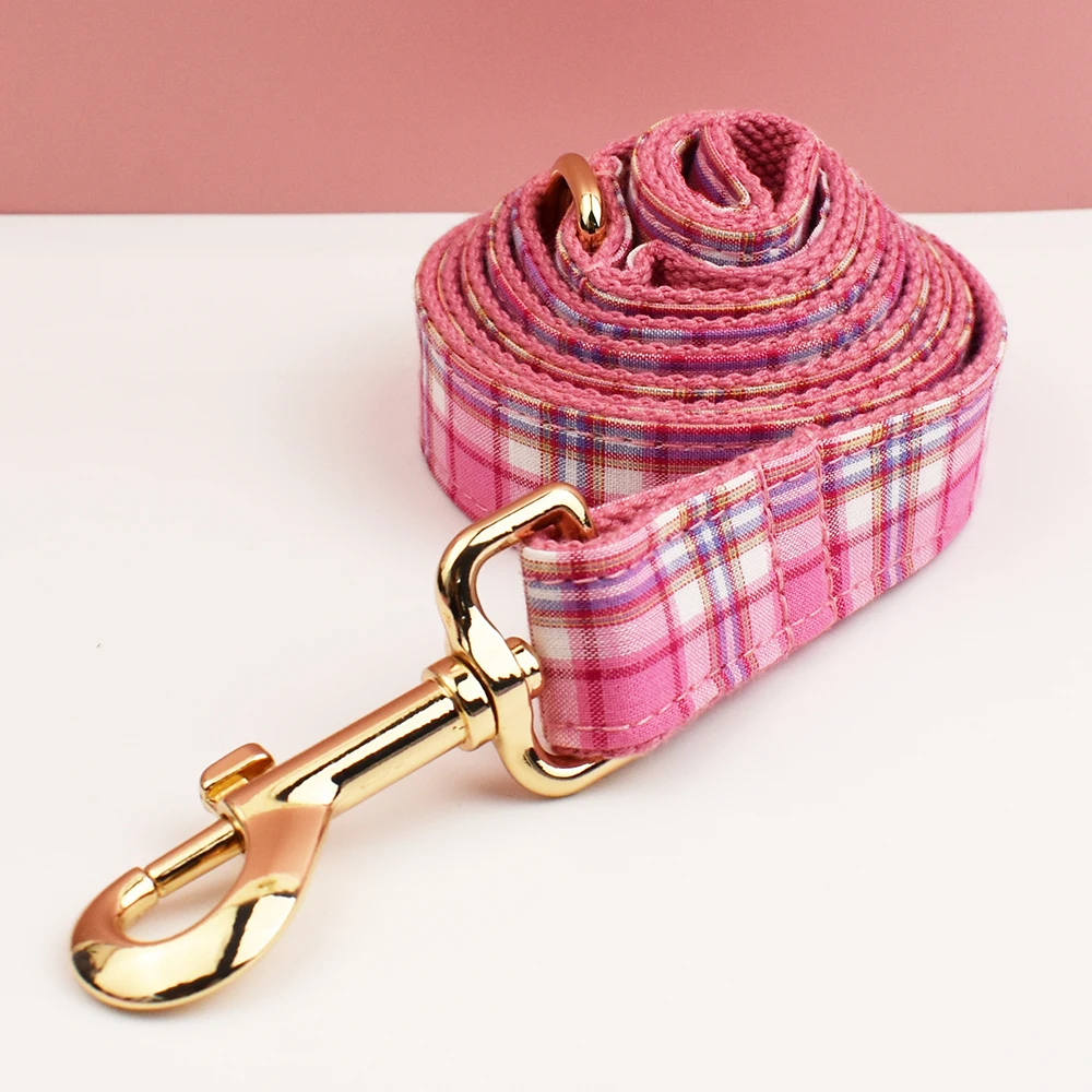 Collar, arnés y correa para perro a cuadros rosa, con placa de identificación grabada personalizada, artículos personalizados para perros