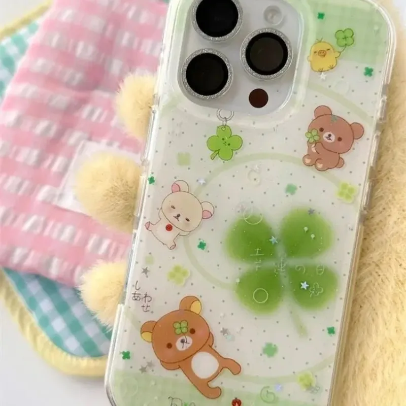 Linda funda para teléfono móvil con diseño de trébol de cuatro hojas Rilakkuma, moderna y protectora, compatible con iPhone 11, 12, 13, 14, 15, 16, 17 Pro Max