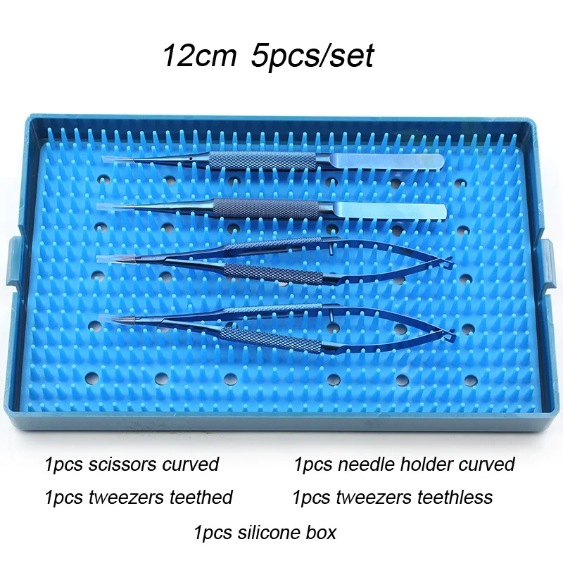 Juego de instrumentos oftálmicos, pinzas, porta agujas, tijera o bandeja de esterilización de silicona, pinzas