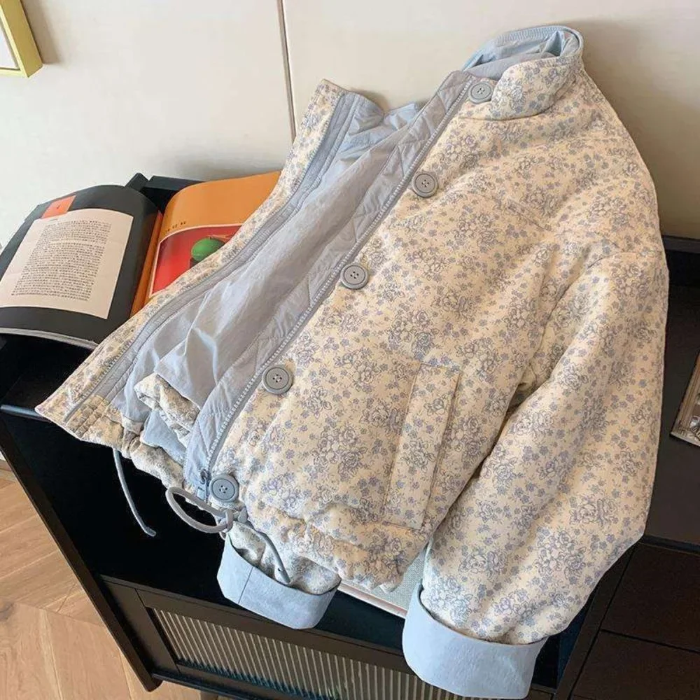 2025 Chaqueta literaria coreana con estampado suave para Mujer, Chaqueta corta con cuello levantado, chaqueta reductora de edad, informal, cálida y gruesa con paneles para Mujer
