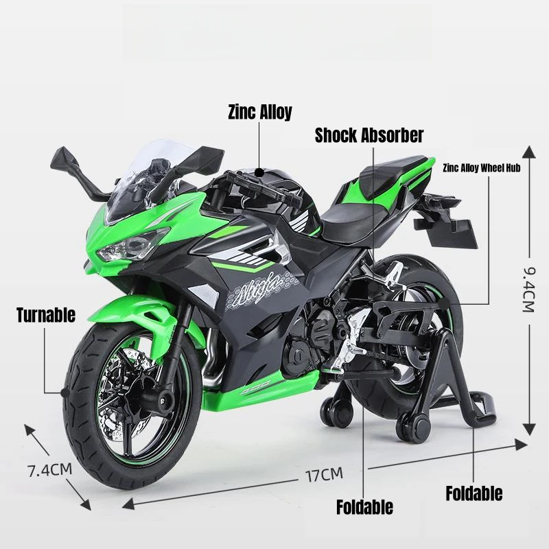 KAWASAKI Ninja 1/12, motocicleta de juguete en miniatura, modelo de Metal fundido a presión 1:12, colección de sonido y luz súper deportiva, regalo para niño y niño
