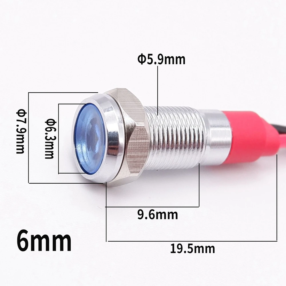 Luz indicadora de Metal de 6mm, lámpara LED de señal de advertencia, interruptor de cables piloto, 3V, 5V, 12V, 24V, 220V, rojo, naranja, azul, verde, blanco con cable