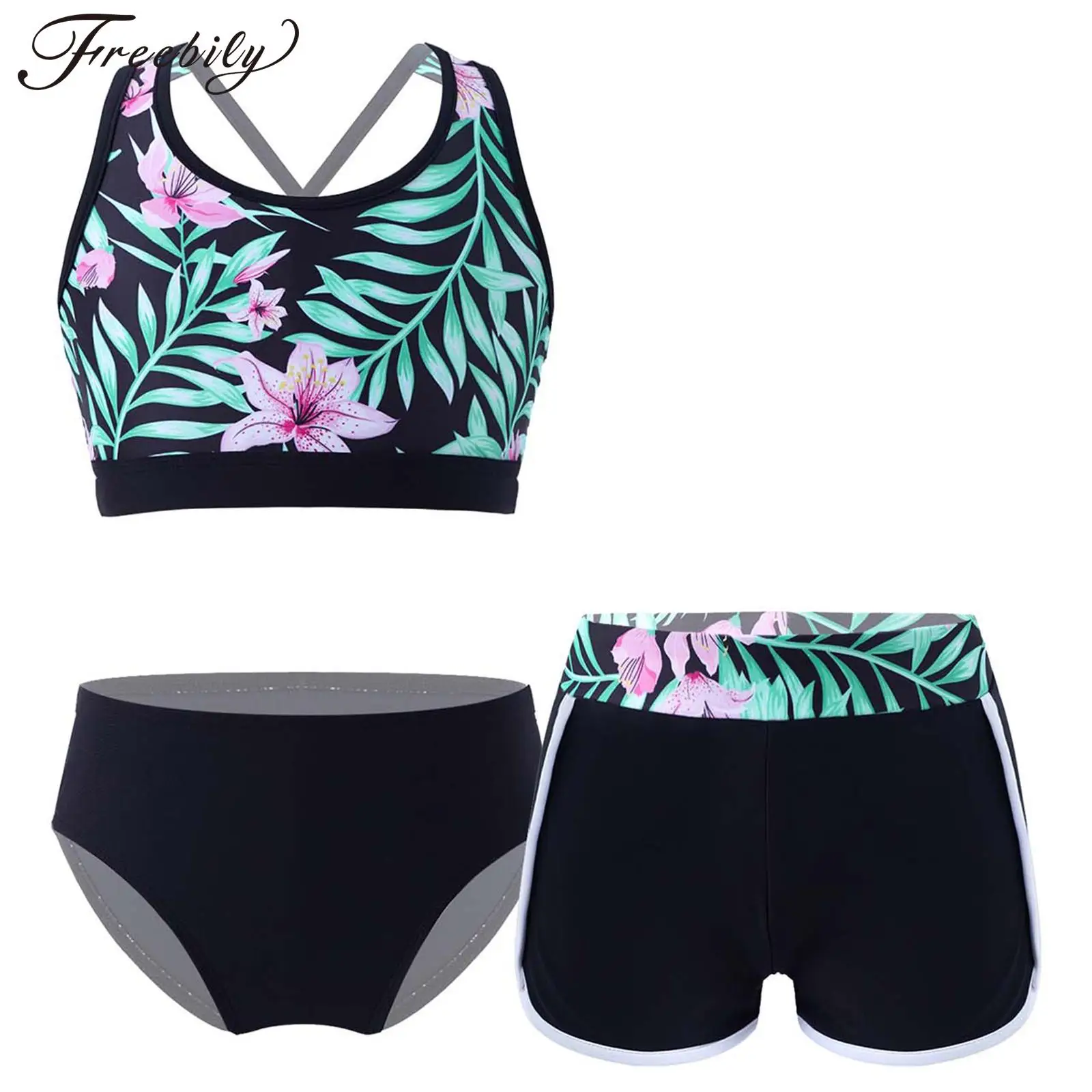 Traje de baño estampado para niñas adolescentes, traje de baño con tirantes cruzados, Tops cortos con pantalones cortos, conjunto de bragas, traje de baño para playa, piscina, parque acuático, protector contra sarpullidos