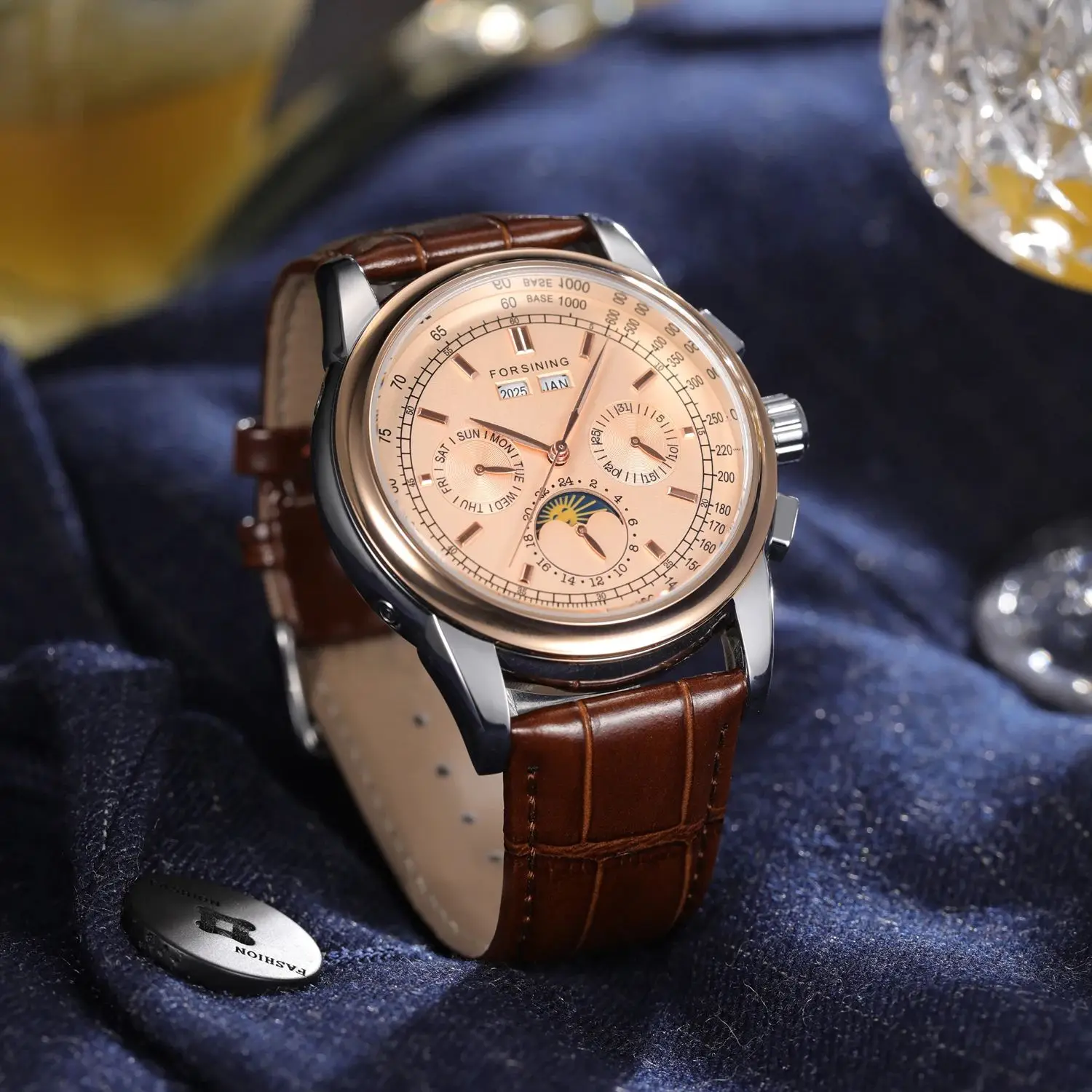 Forsining relojes mecánicos Retro fase lunar movimiento Shanghai caja de oro rosa correa de cuero marrón reloj automático de lujo para hombre