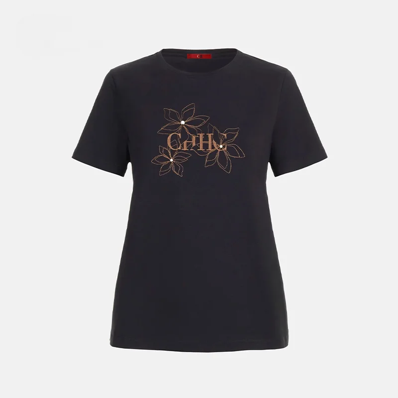 Camiseta de Cuello Redondo para Mujer, Bordado Floral, Decoración de Perlas, Manga Corta, Informal, para Uso Diario, Tops Básicos